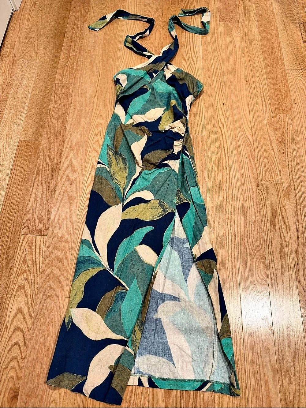 Zara Abstract Print Halter Maxi linen Dress (size xs)